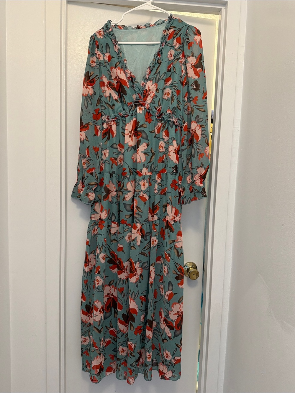 Floral Maxi Dress in Teal with Pink & Red Blooms